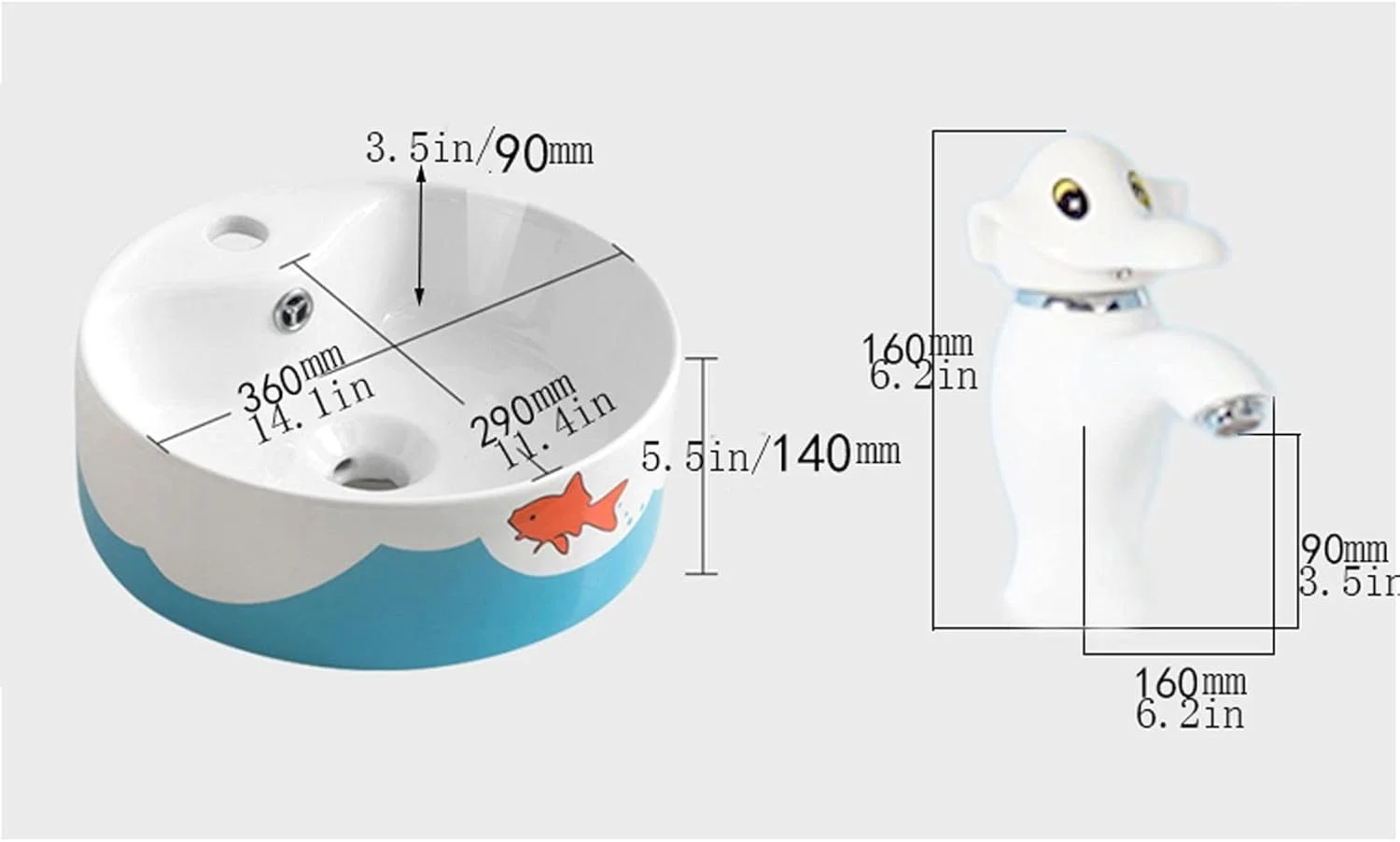 سینک روشویی caihuashopping مناسب برای حمام های کوچک، روشویی گرد زیبا / سینک سرامیکی و ست شیرآلات (دارای سرریز) سینک توالت