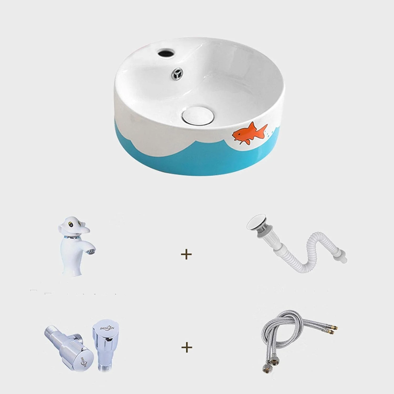 سینک روشویی caihuashopping مناسب برای حمام های کوچک، روشویی گرد زیبا / سینک سرامیکی و ست شیرآلات (دارای سرریز) سینک توالت