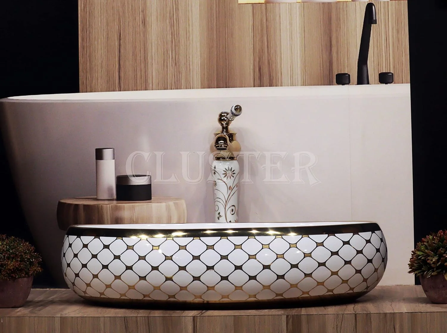 روشویی سرامیکی طرح‌دار CLUSTER، کاسه‌ای، رومیزی، مناسب حمام، 600 x 400 x 150 میلی‌متر (CLTT-023)