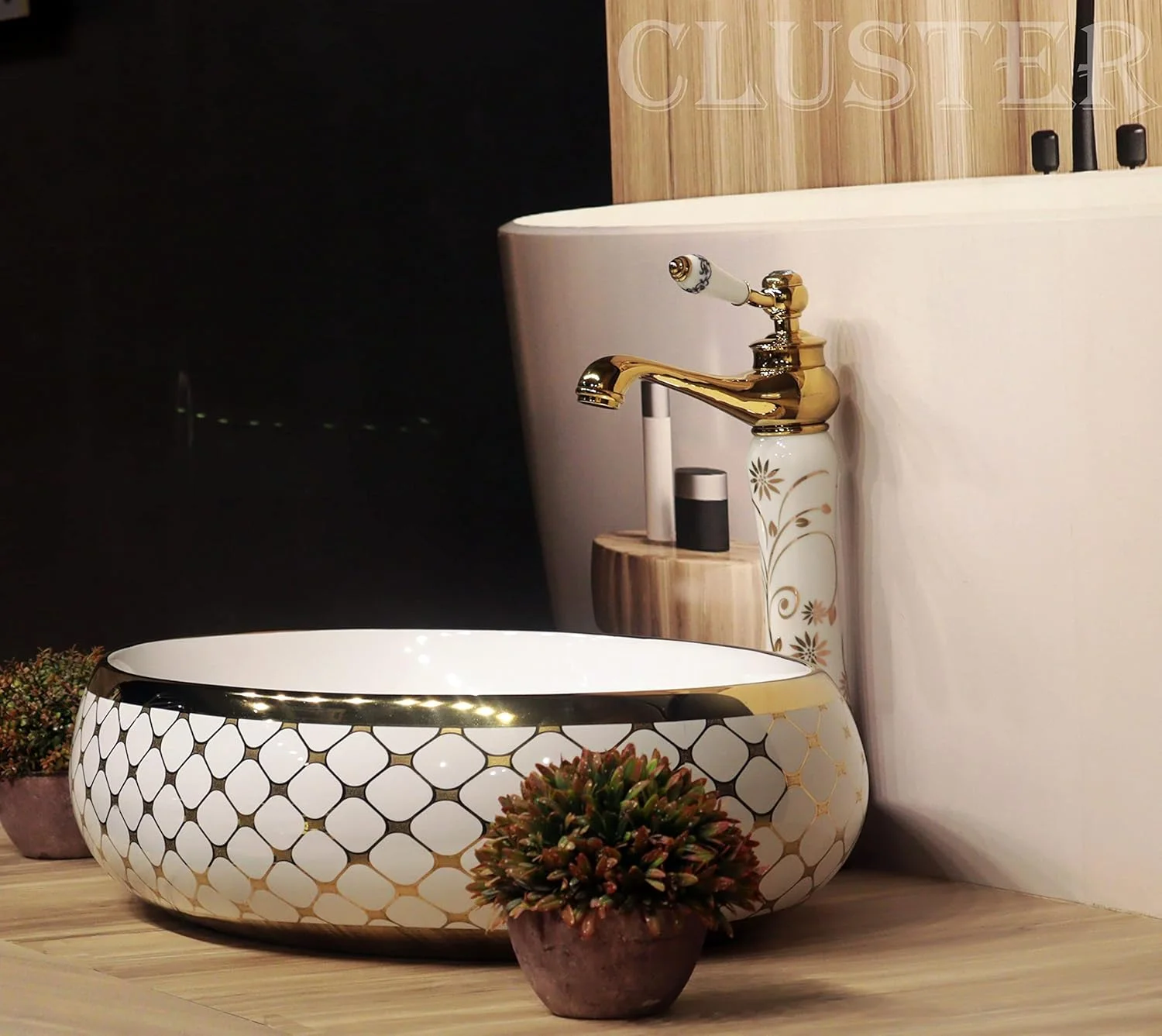 روشویی سرامیکی طرح‌دار CLUSTER، کاسه‌ای، رومیزی، مناسب حمام، 600 x 400 x 150 میلی‌متر (CLTT-023)