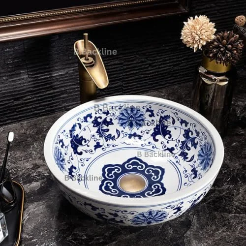 روشویی سرامیکی طرح دار رومیزی، روشویی ممتاز روکار/بالای پیشخوان، سینک کاسه ای رومیزی/ظرفشویی برای حمام و اتاق نشیمن 40x40x15 سانتی متر (آبی سفید)
