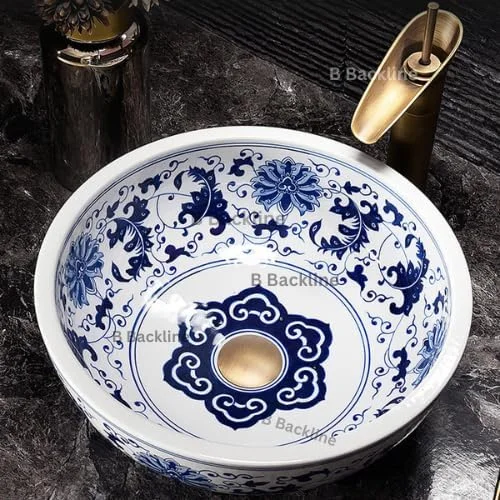 روشویی سرامیکی طرح دار رومیزی، روشویی ممتاز روکار/بالای پیشخوان، سینک کاسه ای رومیزی/ظرفشویی برای حمام و اتاق نشیمن 40x40x15 سانتی متر (آبی سفید)