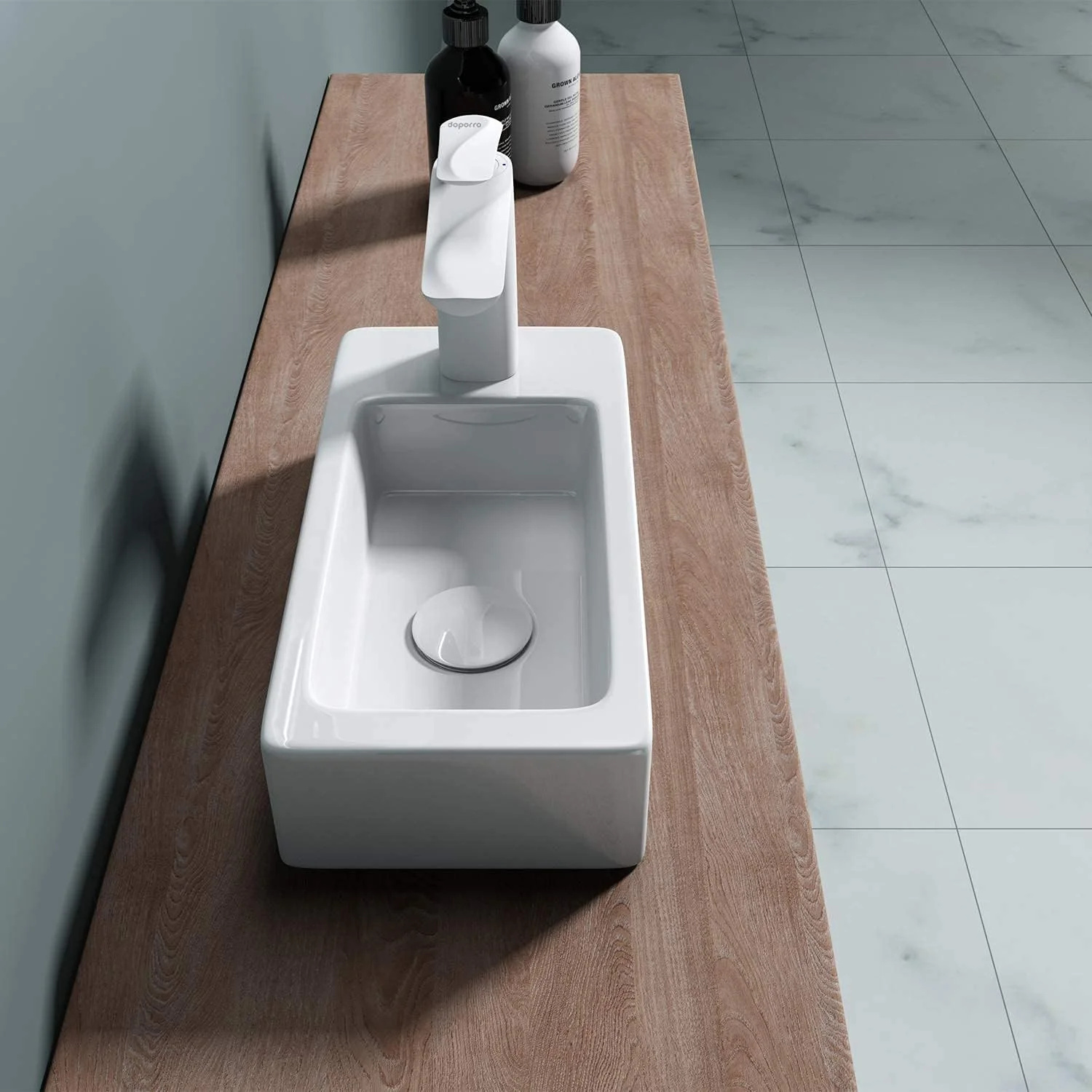 روشویی کوچک مناسب فضاهای کوچک DB Durovin Bathrooms - روشویی دیواری - روشویی مستطیلی روکار - دارای یک سوراخ شیر در سمت راست - 370x180x90 میلی متر (عرضxعمقxارتفاع)