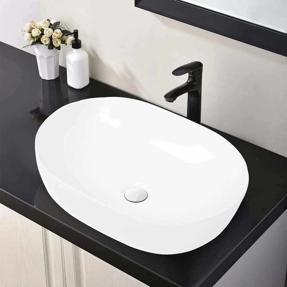 روشویی رومیزی بیضی سرامیکی، مناسب برای حمام خانواده، آشپزخانه، هتل، ویلا، رستوران، ابعاد 49x35x13.5 سانتی متر، سفید