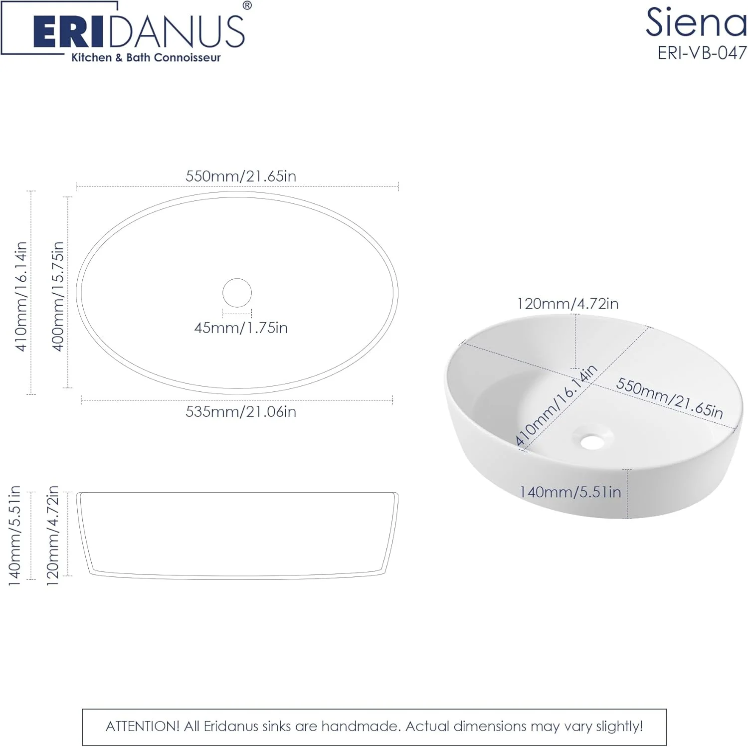 روشویی سرامیکی اریدانوس، کاسه بیضی سفید براق برای روی کابینت حمام، روشویی بیضی چینی لعاب دار، ایده آل برای روشویی های رختکن، 550 x 410 x 140 میلی متر