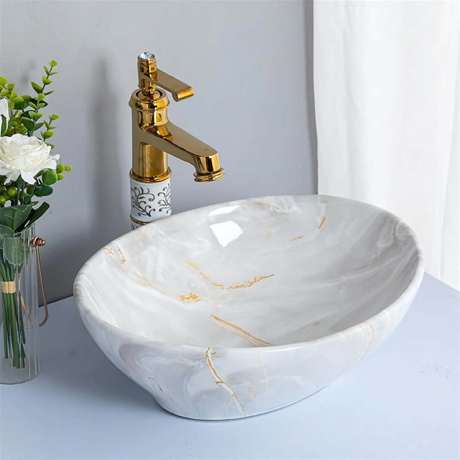 روشویی کاسه ای، روشویی کابینتی، روشویی کوچک مناسب حمام، بافت مرمرین سرامیکی درجه یک، روشویی و کاسه روشویی به همراه اتصالات، روشویی سرامیکی کوچک