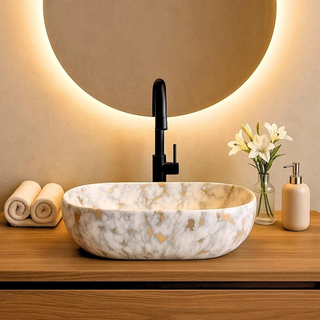 روشویی رومیزی HISRE برای حمام | روشویی روکار برای اتاق نشیمن | روشویی کابینتی | سینک سرامیکی رومیزی آشپزخانه حمام (45 x 33 x 13 سانتی متر) (سفید - خاکستری و طرح طلایی)