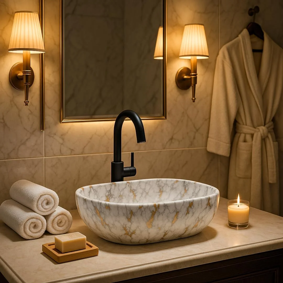 روشویی رومیزی HISRE برای حمام | روشویی روکار برای اتاق نشیمن | روشویی کابینتی | سینک سرامیکی رومیزی آشپزخانه حمام (45 x 33 x 13 سانتی متر) (سفید - خاکستری و طرح طلایی)