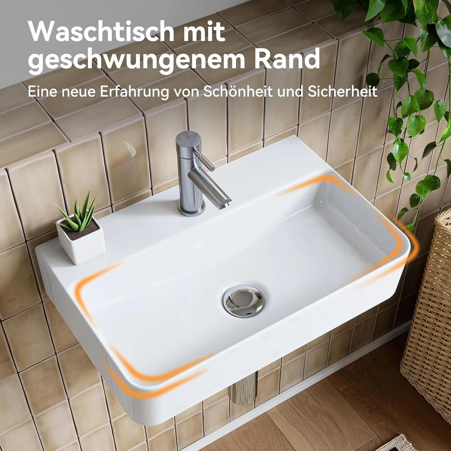 روشویی سرامیکی دیواری هورو، سفید، مستطیلی 46 x 30 سانتی متر، سینک روکار با سوراخ شیر بدون سرریز، روشویی دستی، توالت کوچک مهمان