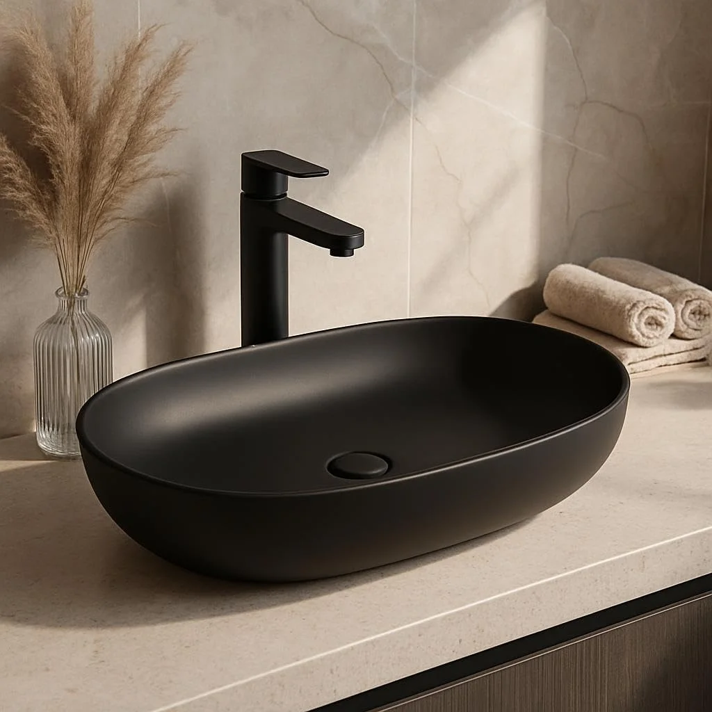 روشویی مشکی مات کُنیگ، مناسب برای نصب روی سطح، ابعاد 600x400x150 میلی‌متر