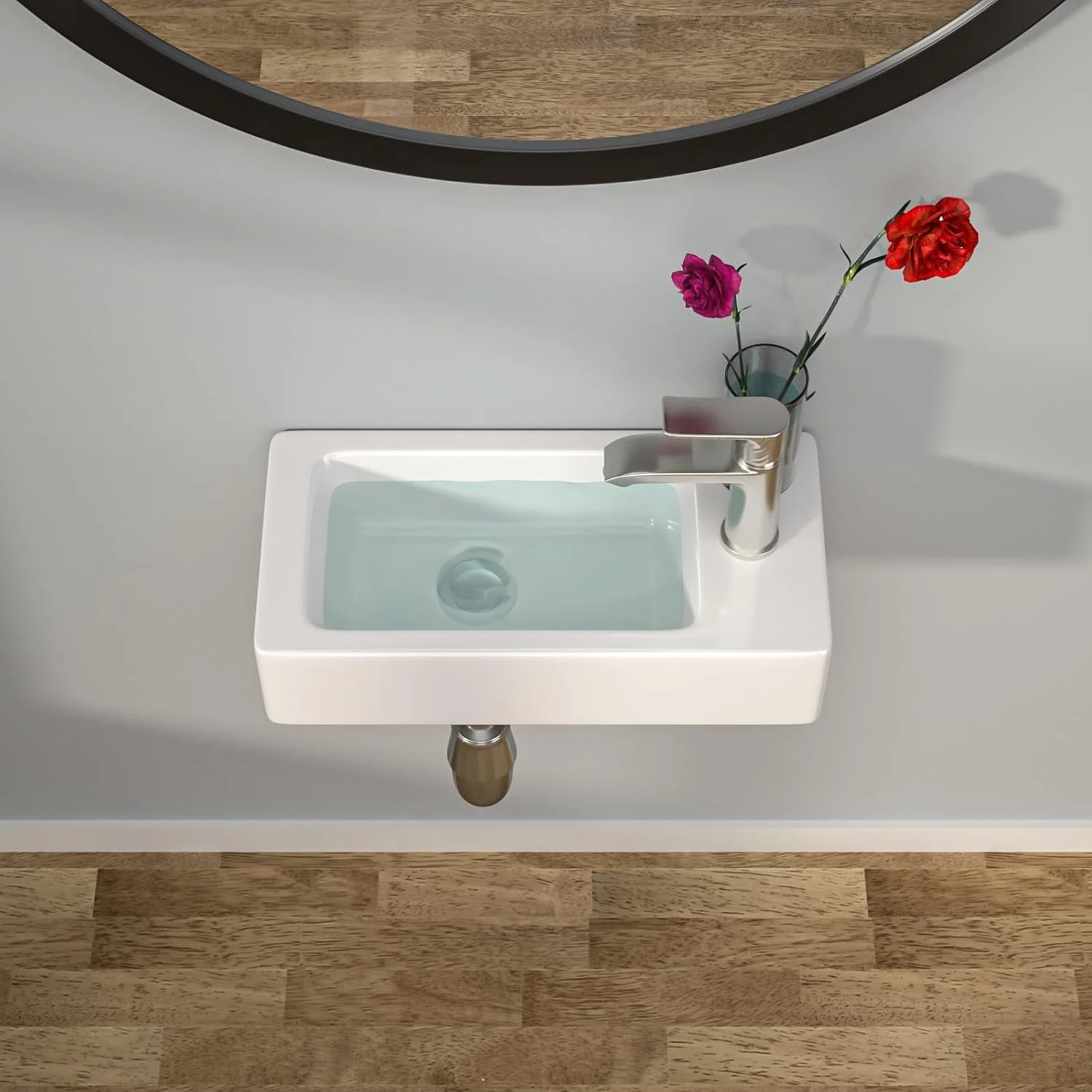 روشویی دیواری کوچک کیچای - روشویی مستطیلی دیواری 15 در 7 اینچ با سوراخ شیر آب در سمت راست، روشویی سرامیکی سفید کوچک