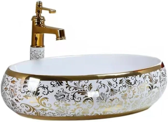روشویی سرامیکی طرح لاکتوز با روکش طلایی مناسب سینک دستشویی حمام، 61x40.6x15.2 سانتی متر (طلایی)