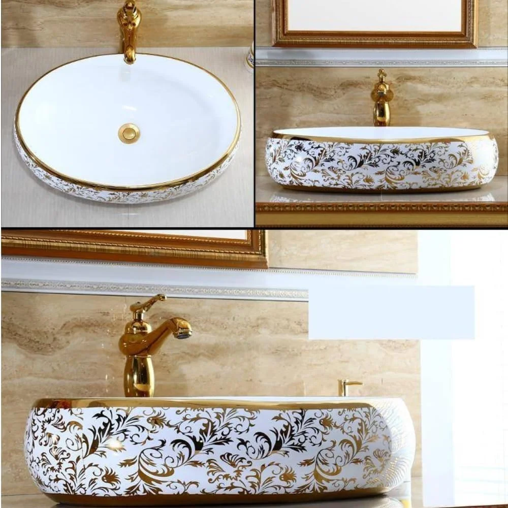 روشویی سرامیکی طرح لاکتوز با روکش طلایی مناسب سینک دستشویی حمام، 61x40.6x15.2 سانتی متر (طلایی)