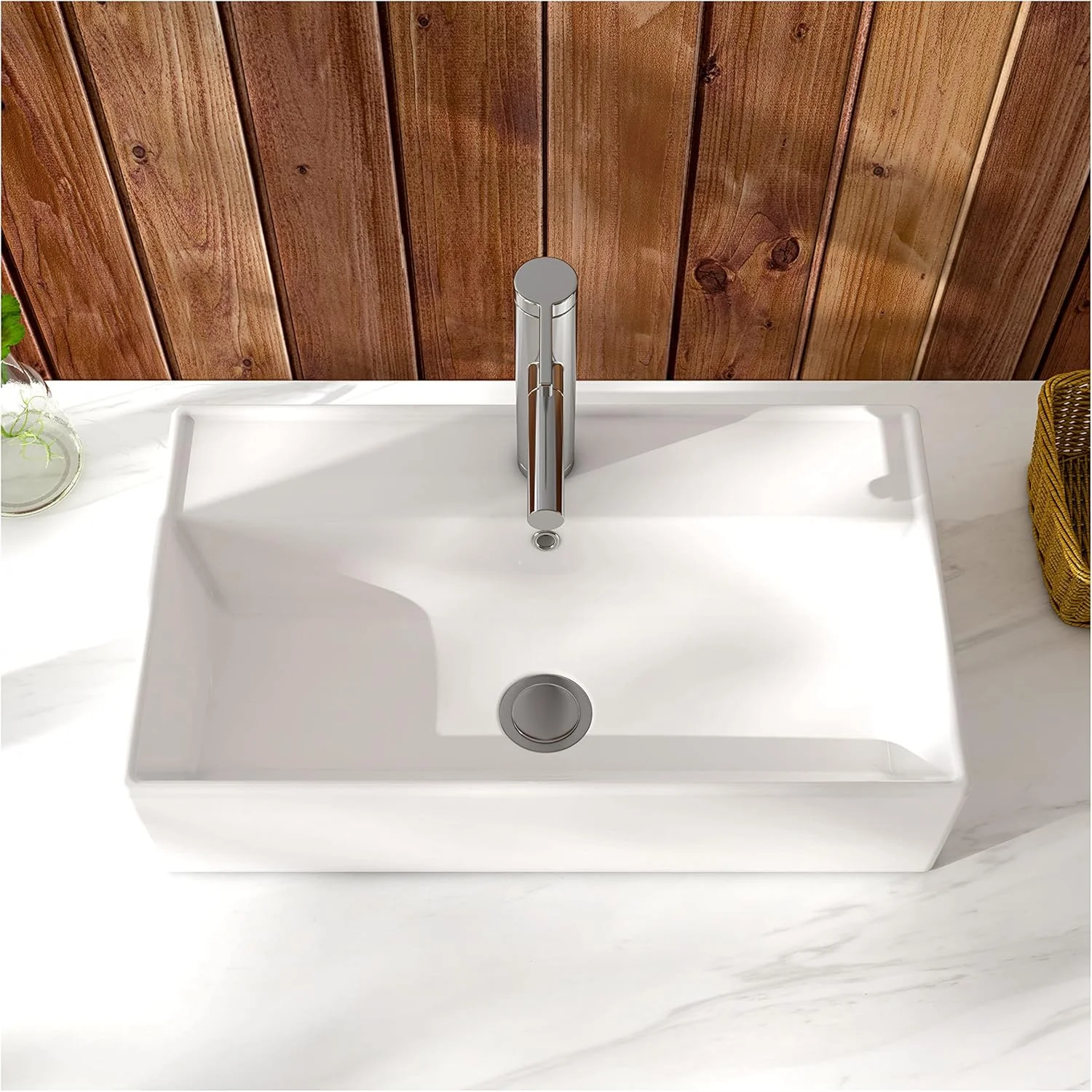 روشویی سرامیکی مستطیلی سفید رنگ مدل MEJE مناسب حمام، ابعاد ۵۵x۳۱.۵x۱۳.۵ سانتی متر، قابل نصب روی کابینت