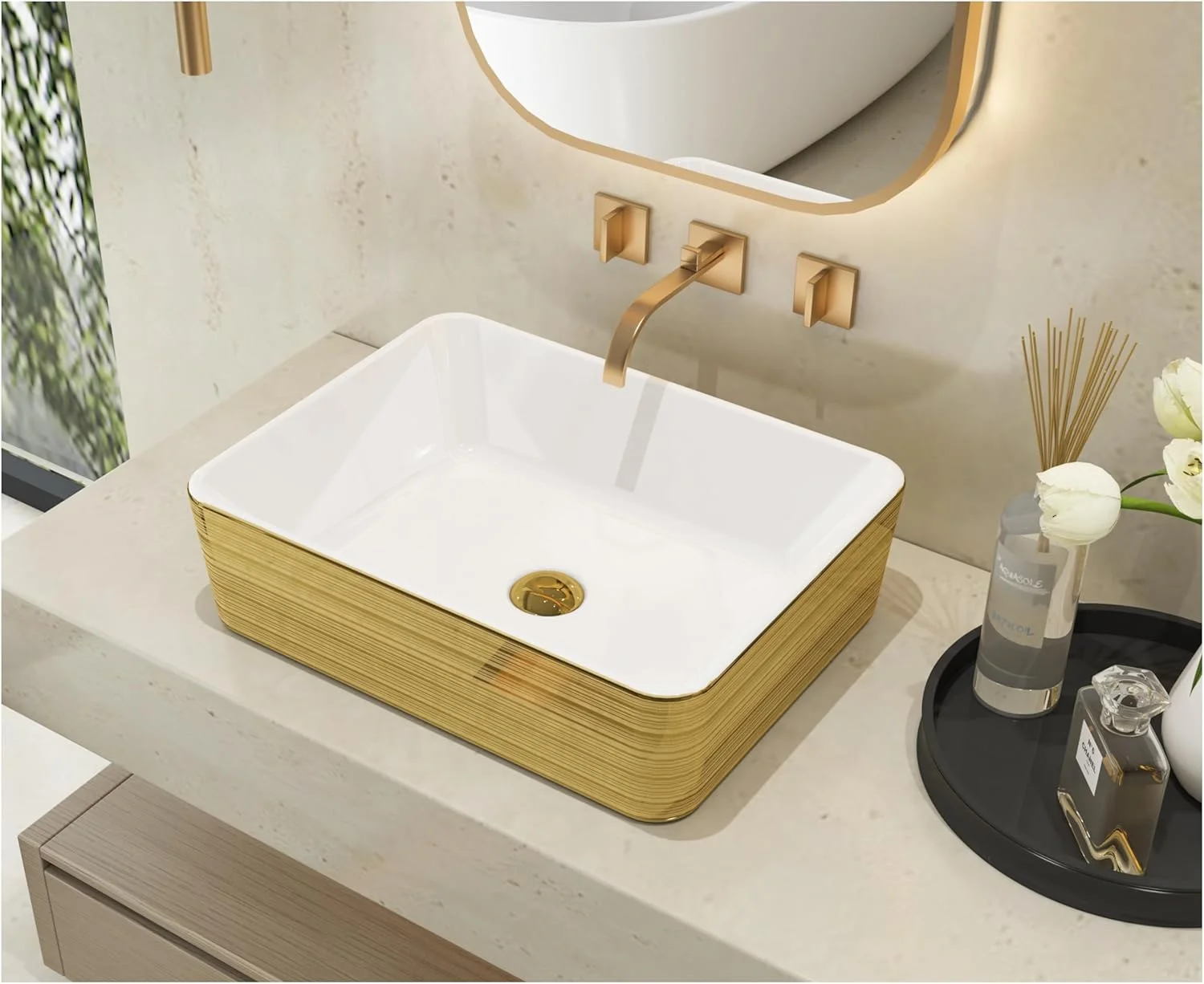 روشویی مستطیلی روکار MEJE با نوارهای طلایی برس خورده، 48×37 سانتی‌متر، سینک سرامیکی روی کابینتی + تخلیه پاپ آپ طلایی PVD، نصب آسان 5 دقیقه‌ای، حمام لوکس دبی