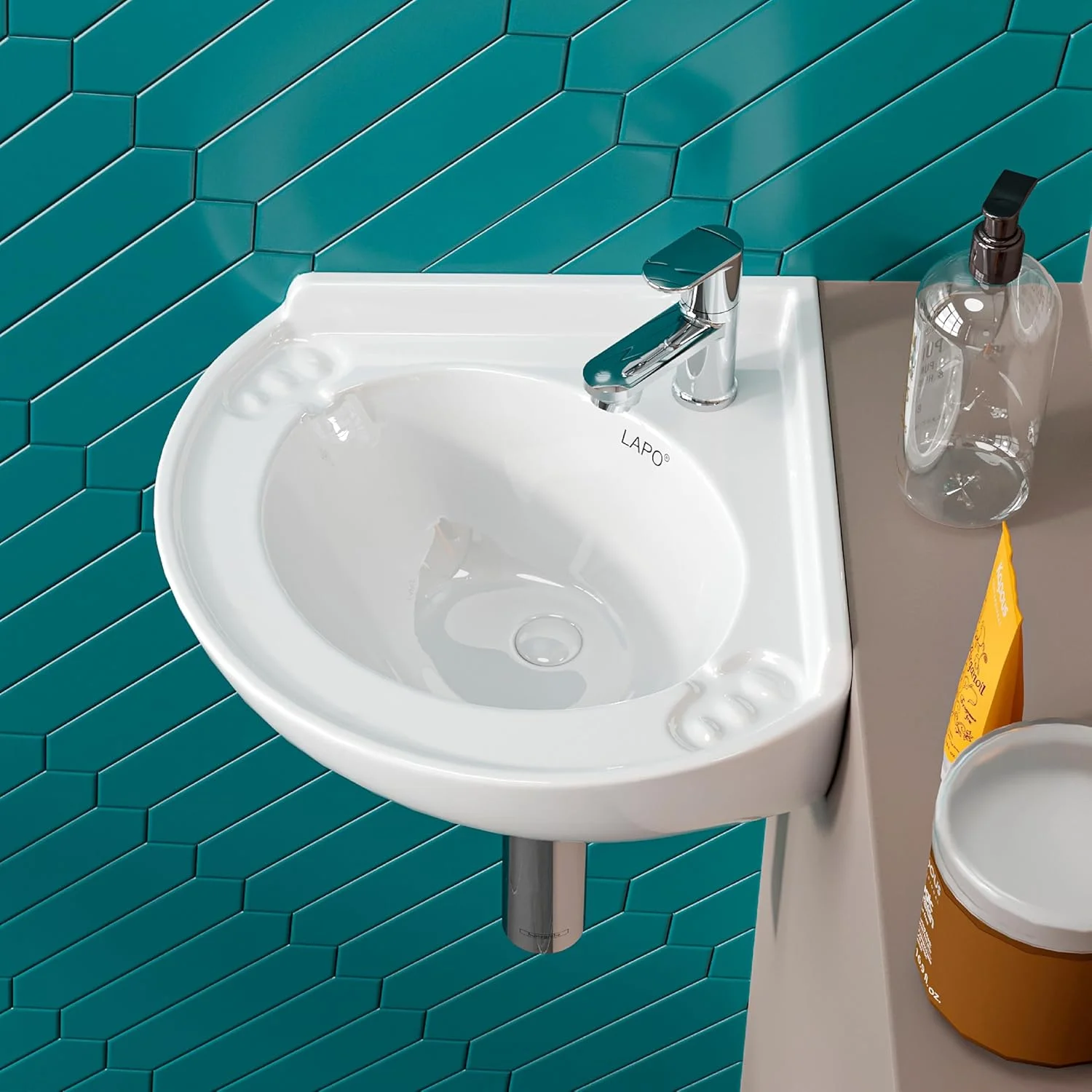 روشویی گوشه ای لاپو برای حمام، روشویی سرامیکی دیواری، روشویی آویز سرامیکی، سینک حمام، روشویی برای حمام (پرداخت سفید، 47x41.5x20.3 سانتی متر) Olo