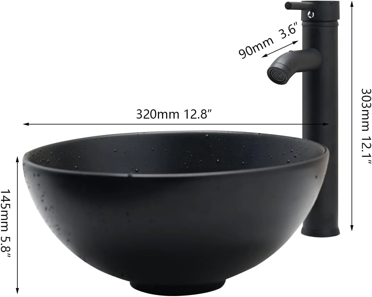روشویی سرامیکی کاسه ای مشکی مات گرد 13 اینچی مناسب حمام، نصب روکار، به همراه شیر مشکی و تخلیه