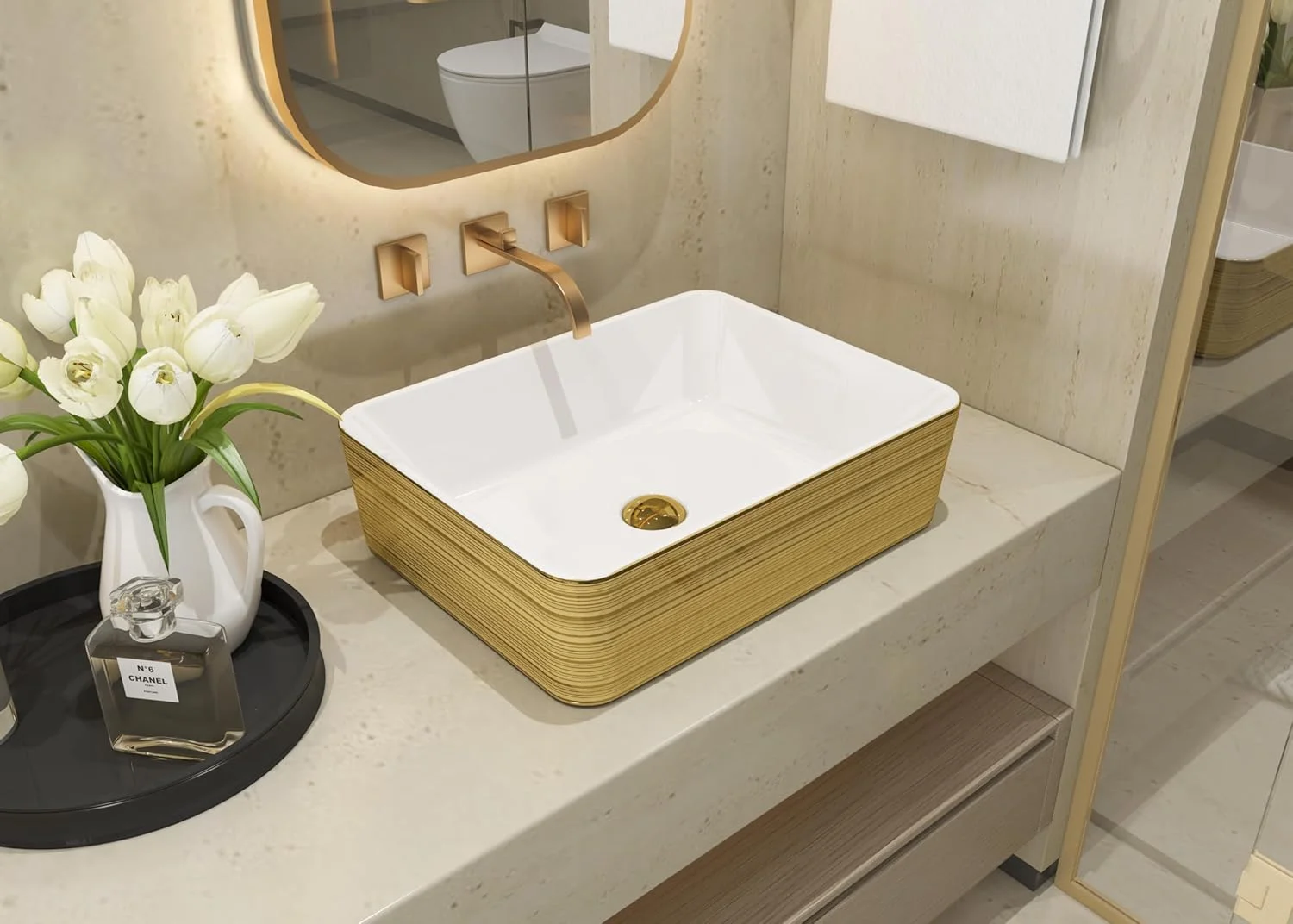 روشویی مستطیلی روکار MEJE با نوارهای طلایی برس خورده، 48×37 سانتی‌متر، سینک سرامیکی روی کابینتی + تخلیه پاپ آپ طلایی PVD، نصب آسان 5 دقیقه‌ای، حمام لوکس دبی