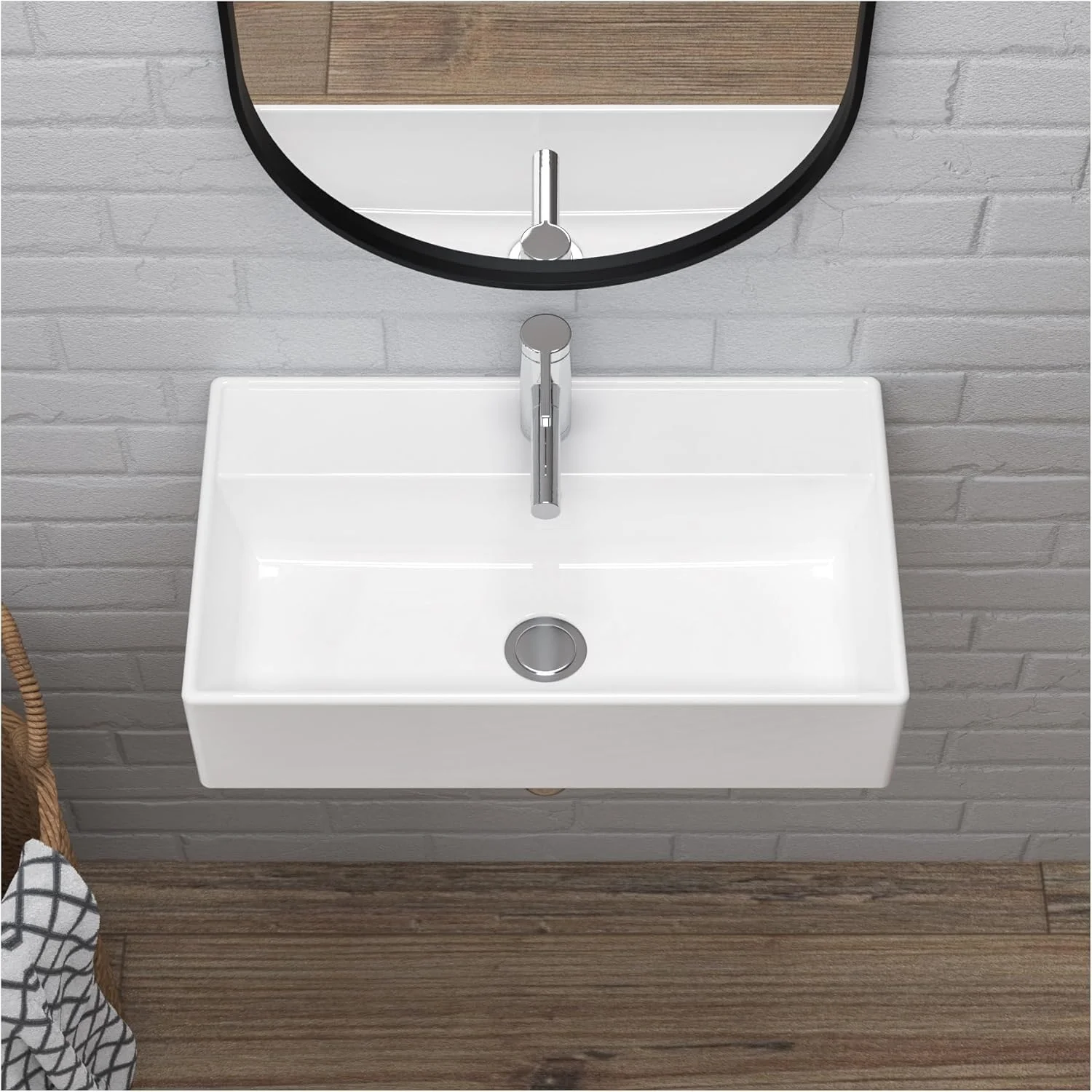 روشویی سرامیکی مستطیلی سفید رنگ مدل MEJE مناسب حمام، ابعاد ۵۵x۳۱.۵x۱۳.۵ سانتی متر، قابل نصب روی کابینت