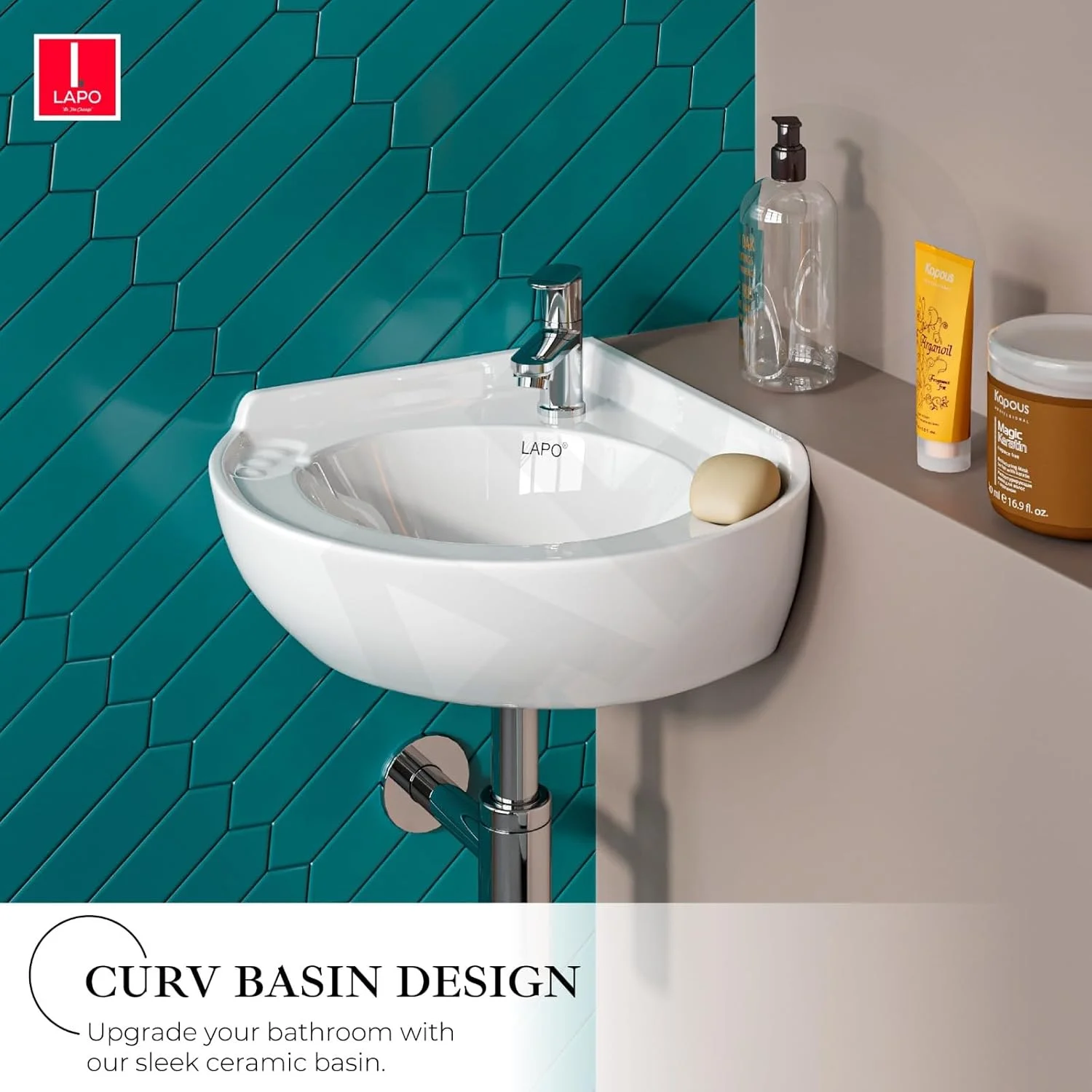 روشویی گوشه ای لاپو برای حمام، روشویی سرامیکی دیواری، روشویی آویز سرامیکی، سینک حمام، روشویی برای حمام (پرداخت سفید، 47x41.5x20.3 سانتی متر) Olo