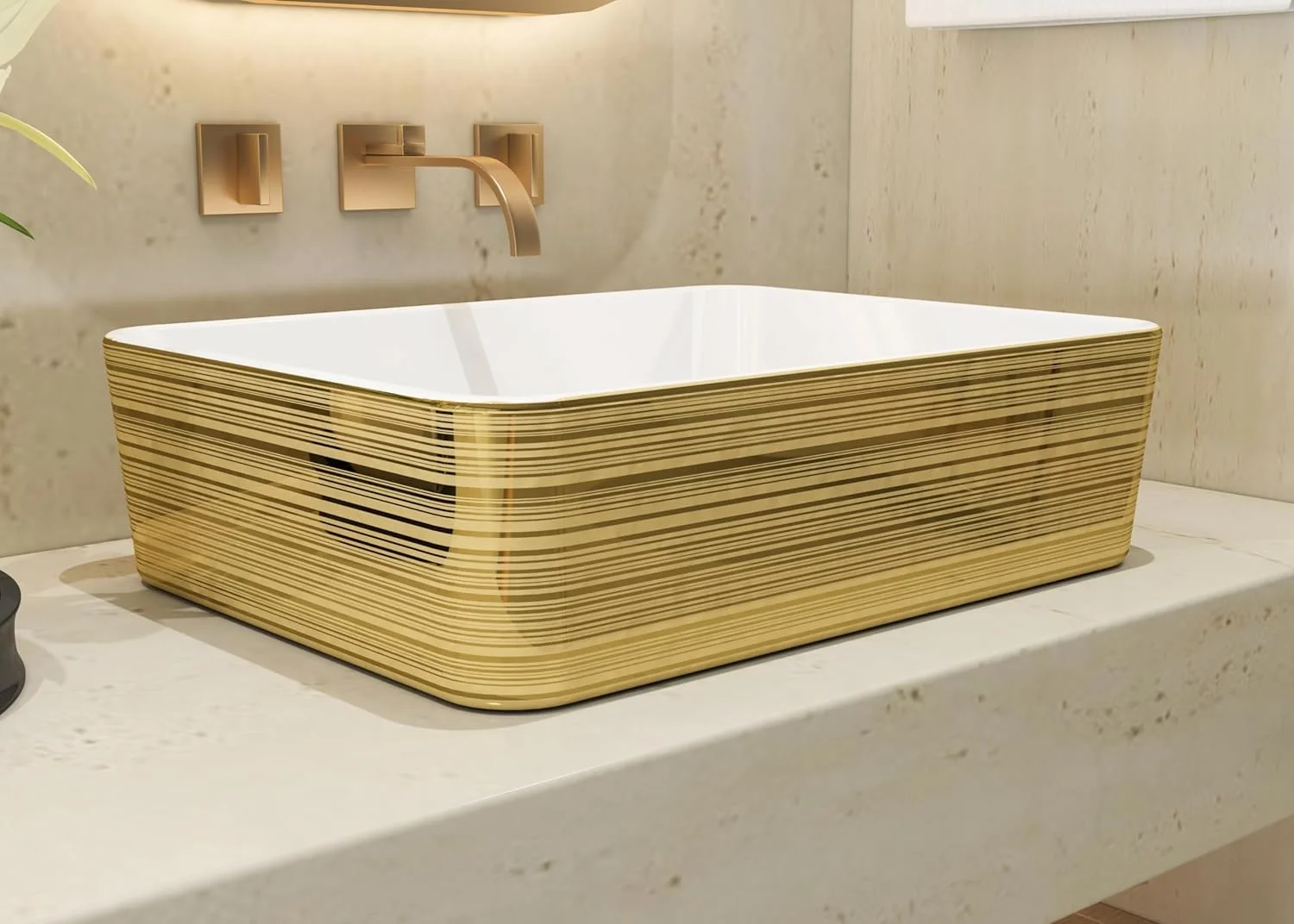 روشویی مستطیلی روکار MEJE با نوارهای طلایی برس خورده، 48×37 سانتی‌متر، سینک سرامیکی روی کابینتی + تخلیه پاپ آپ طلایی PVD، نصب آسان 5 دقیقه‌ای، حمام لوکس دبی