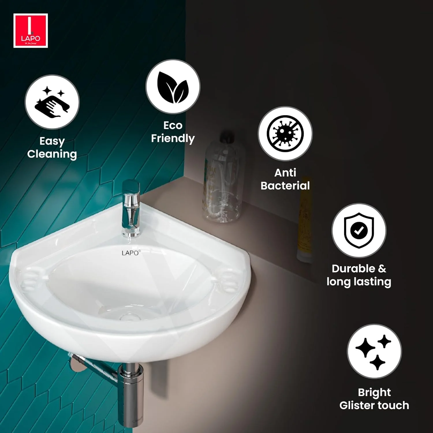 روشویی گوشه ای لاپو برای حمام، روشویی سرامیکی دیواری، روشویی آویز سرامیکی، سینک حمام، روشویی برای حمام (پرداخت سفید، 47x41.5x20.3 سانتی متر) Olo