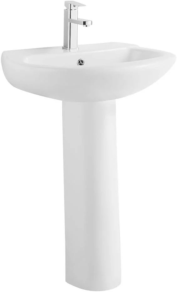 روشویی پایه دار میلانو (63x50x86) سانتی متر - رنگ سفید | روشویی سرامیکی بادوام | کاسه روشویی پایه دار | سینک مدرن برای حمام و سرویس بهداشتی