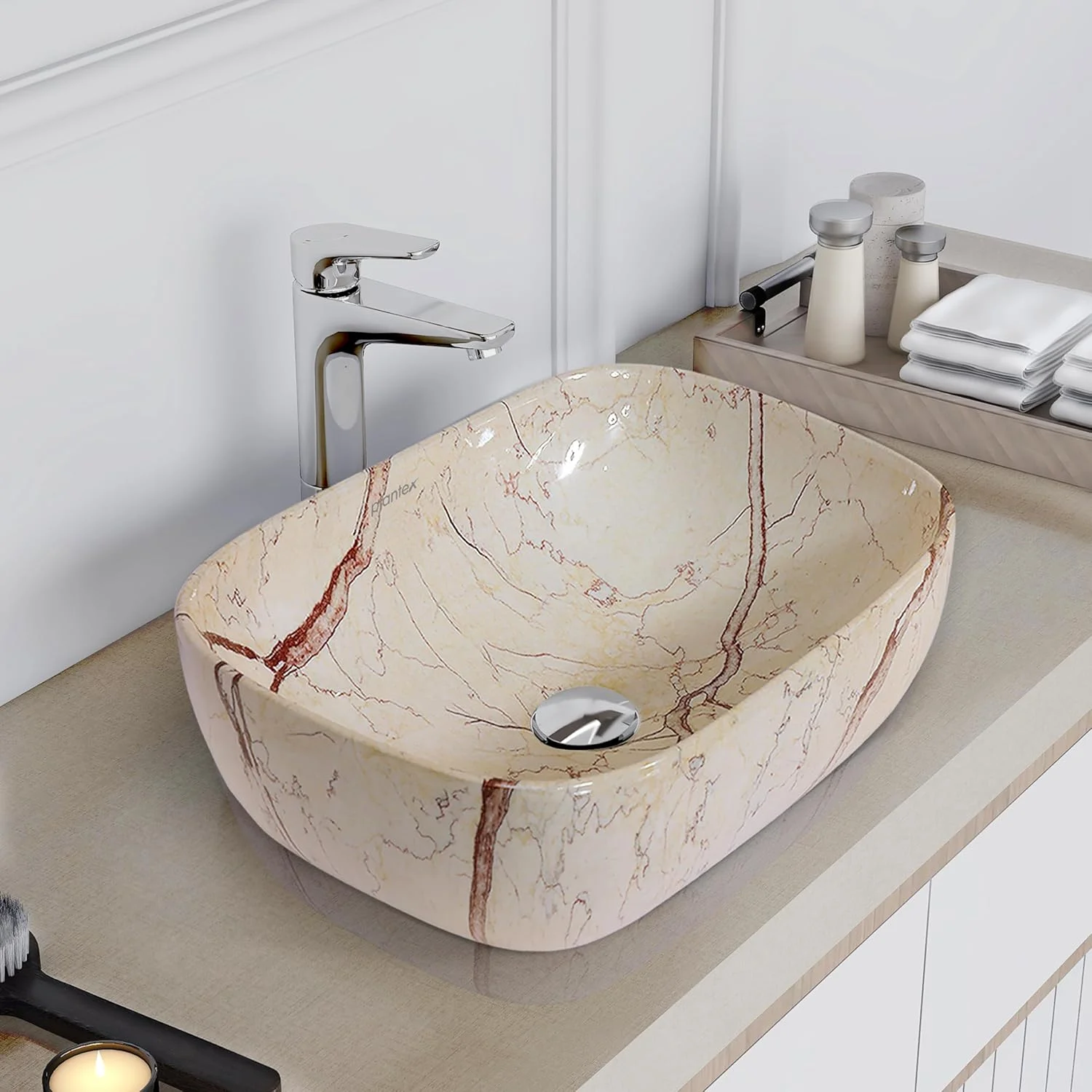 روشویی سرامیکی Plantex برای حمام/روشویی سرامیکی رومیزی/سینک روشویی برای حمام - (ALPHA-NS-107 - طرح مرمر)