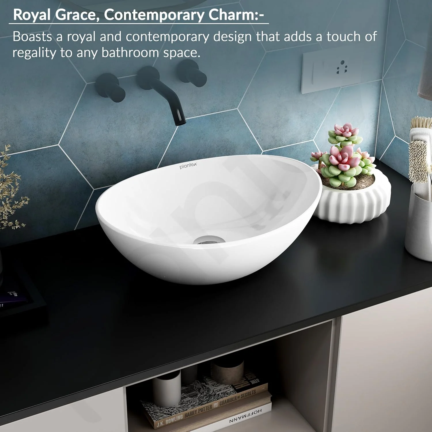 روشویی رومیزی سرامیکی بیضی شکل Plantex مناسب حمام/سینک روشویی/کاسه روشویی (سفید - 42x34x18 سانتی متر)