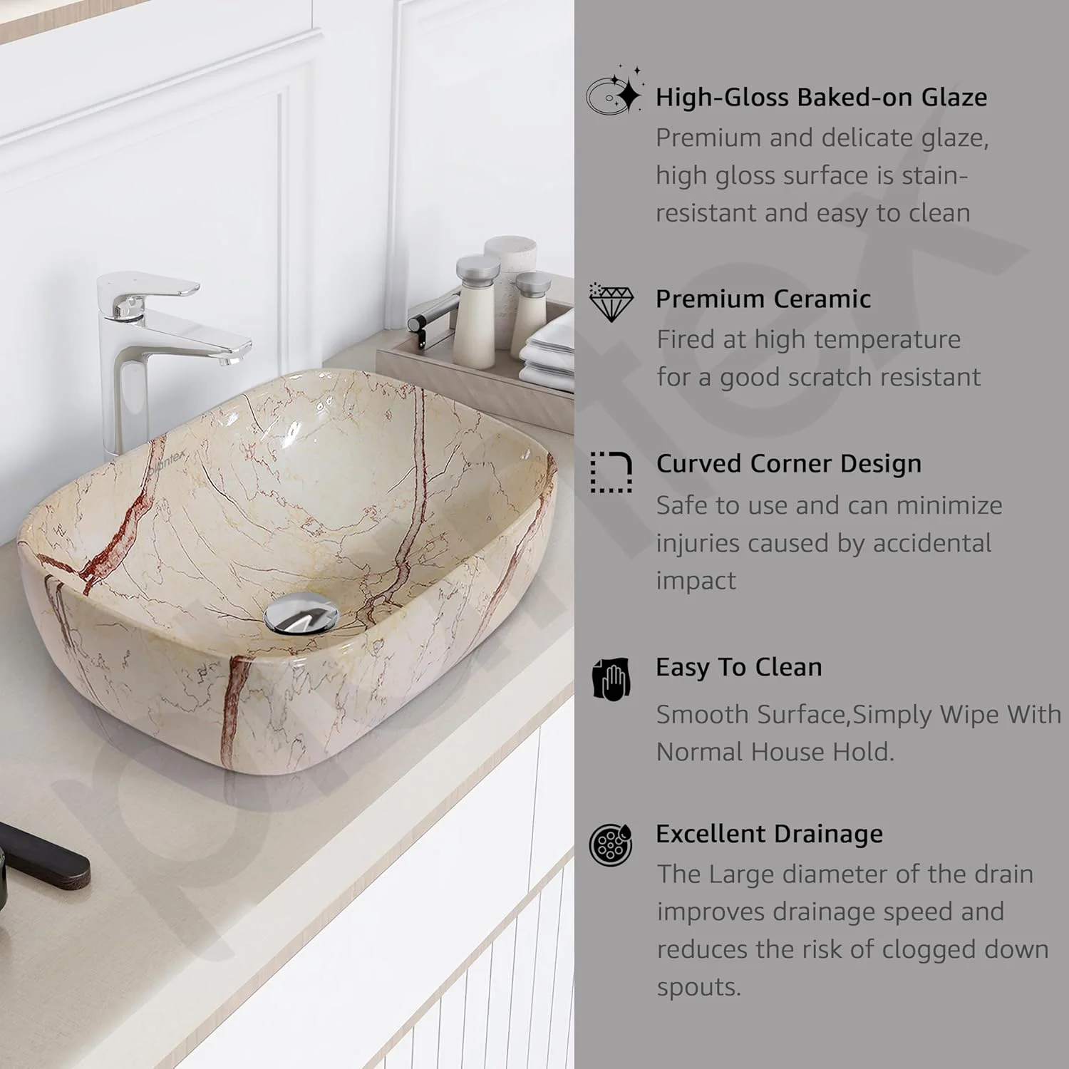 روشویی سرامیکی Plantex برای حمام/روشویی سرامیکی رومیزی/سینک روشویی برای حمام - (ALPHA-NS-107 - طرح مرمر)