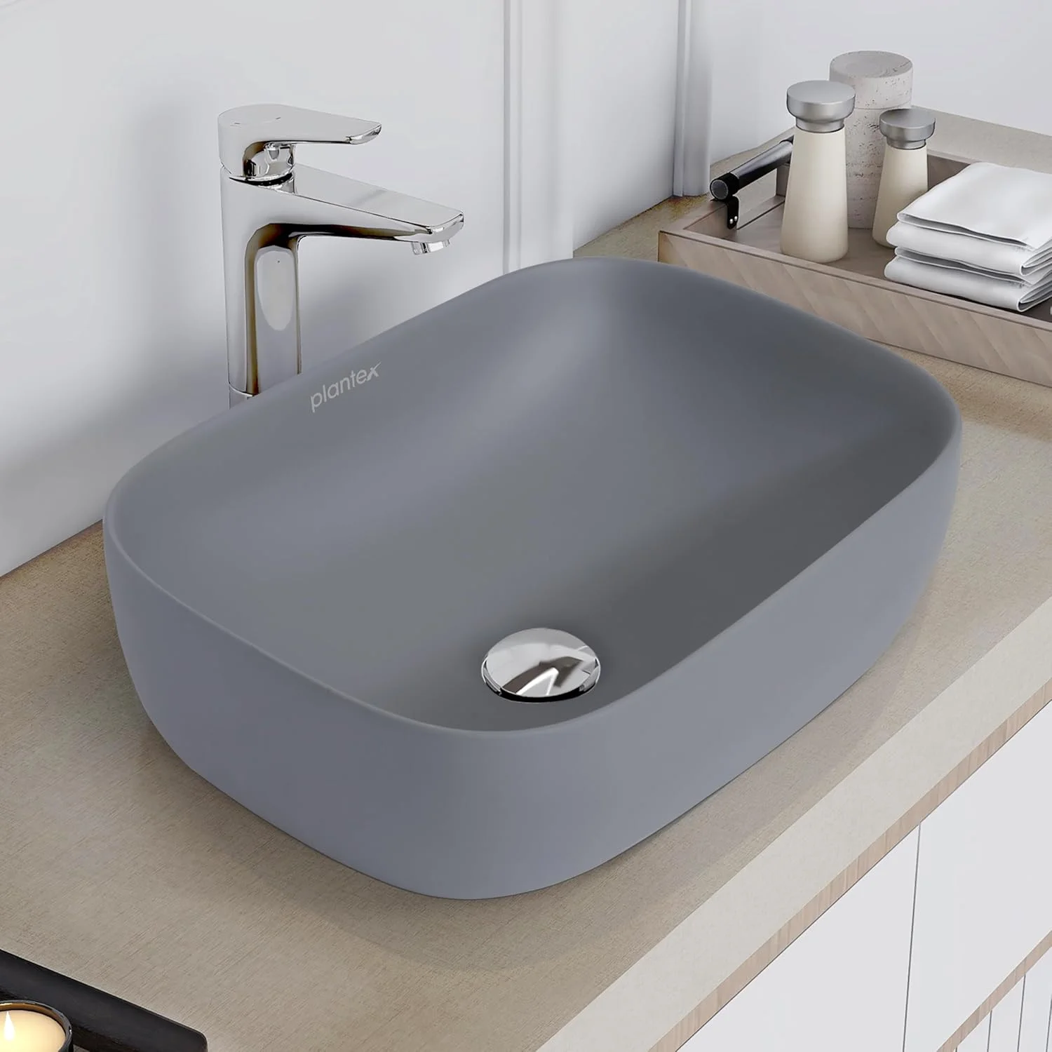 روشویی سرامیکی رومیزی پلنتکس / سینک روشویی حمام / روشویی برای حمام / روشویی برای رستوران، هتل (پرداخت خاکستری مات)