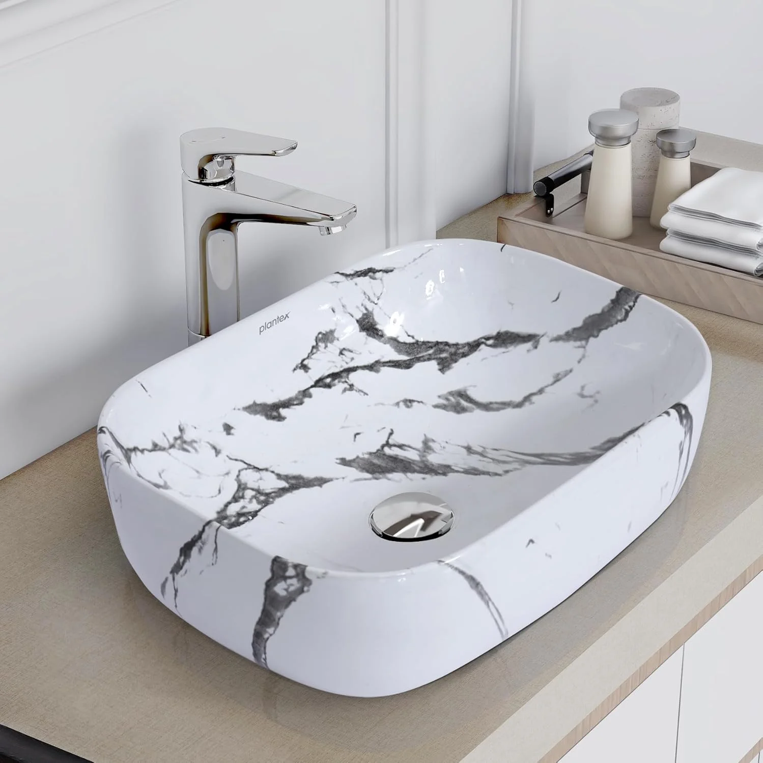 روشویی رومیزی پلنتکس / روشویی سرامیکی / روشویی مرمری با رگه های طوسی / روشویی برای حمام (45.72 x 33.02 x 13.97 سانتی متر)