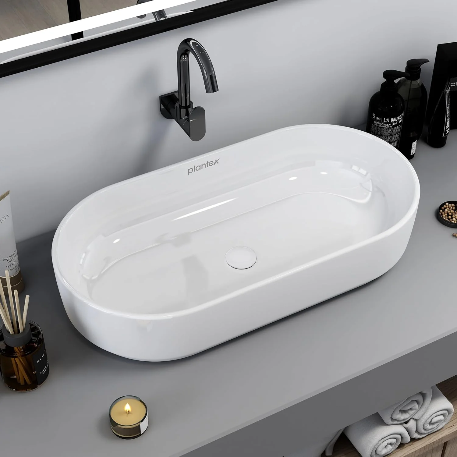 روشویی بیضی سرامیکی رومیزی پلاتینیوم پلنتکس (سفید، 71x37x15 سانتیمتر)