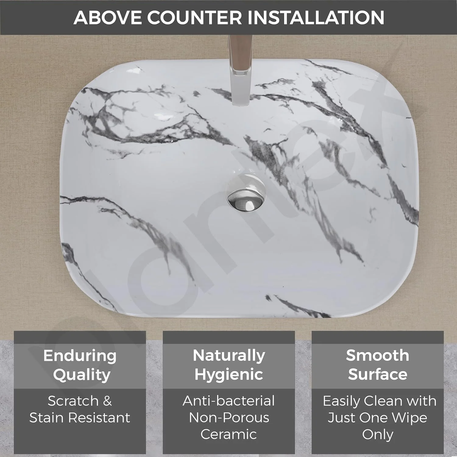 روشویی رومیزی پلنتکس / روشویی سرامیکی / روشویی مرمری با رگه های طوسی / روشویی برای حمام (45.72 x 33.02 x 13.97 سانتی متر)