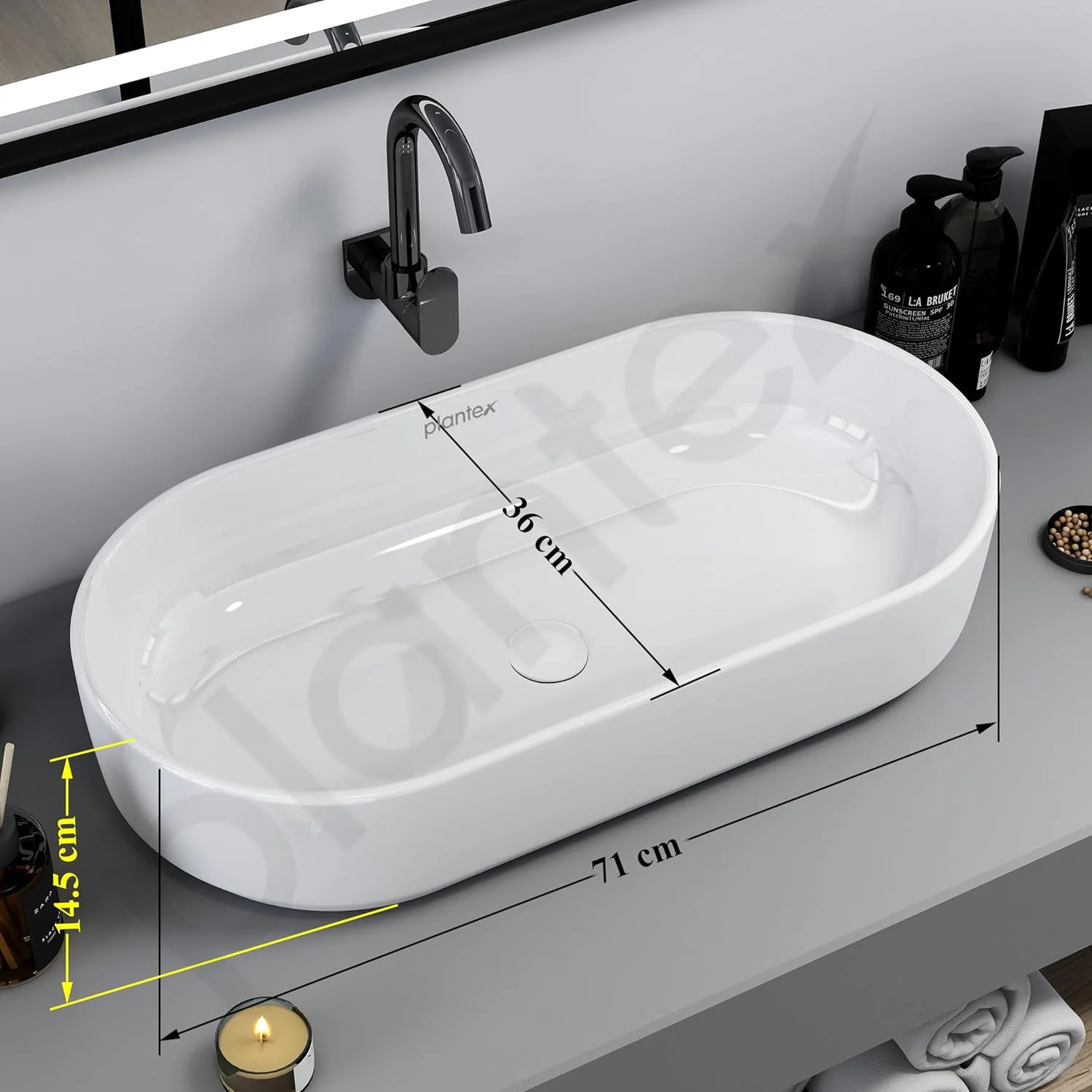 روشویی بیضی سرامیکی رومیزی پلاتینیوم پلنتکس (سفید، 71x37x15 سانتیمتر)