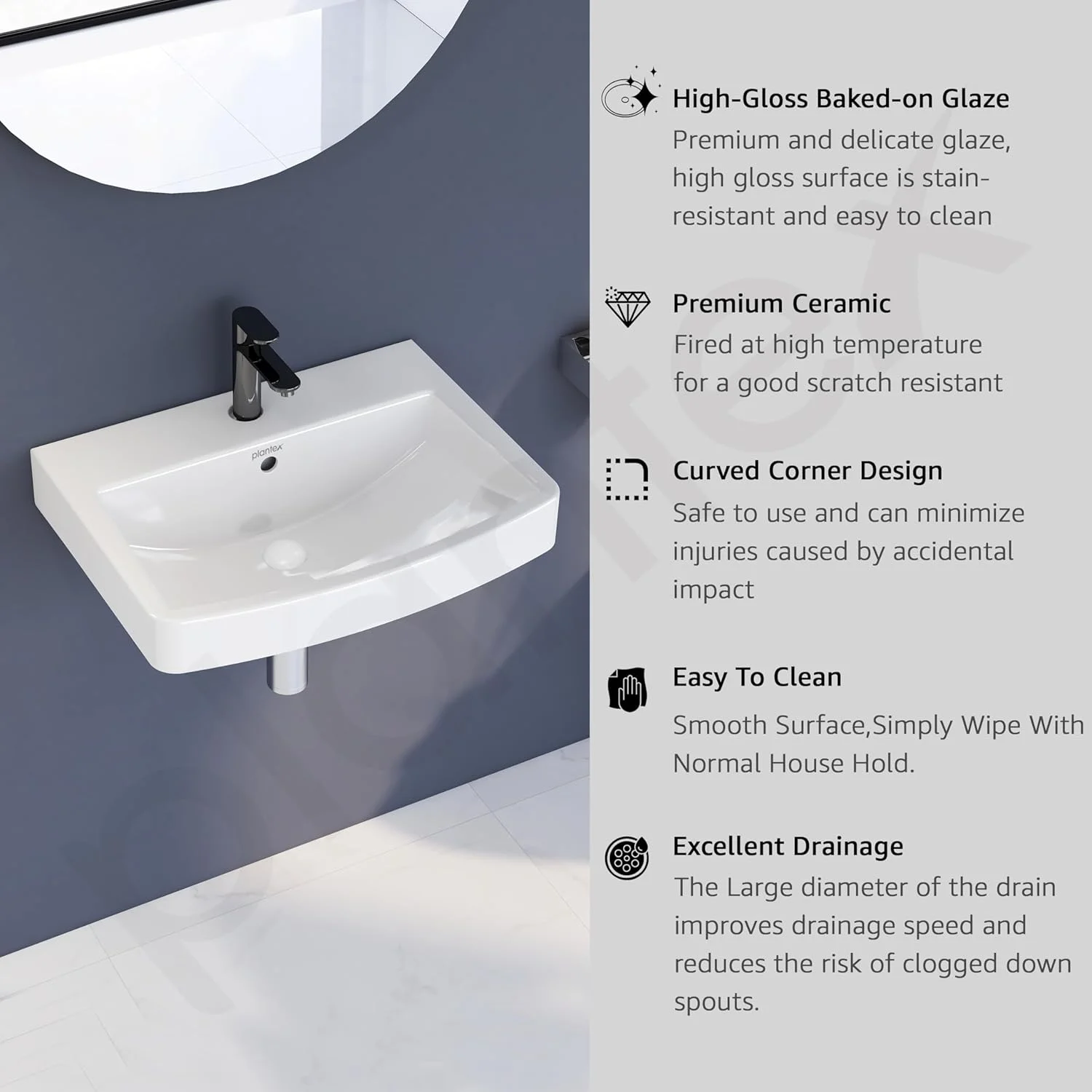 روشویی دیواری مستطیلی سرامیکی پلاتکس پلاتینیوم مناسب حمام/روشویی دیواری/سینک مناسب اتاق نشیمن (سفید براق، 50x38x20 سانتی متر)