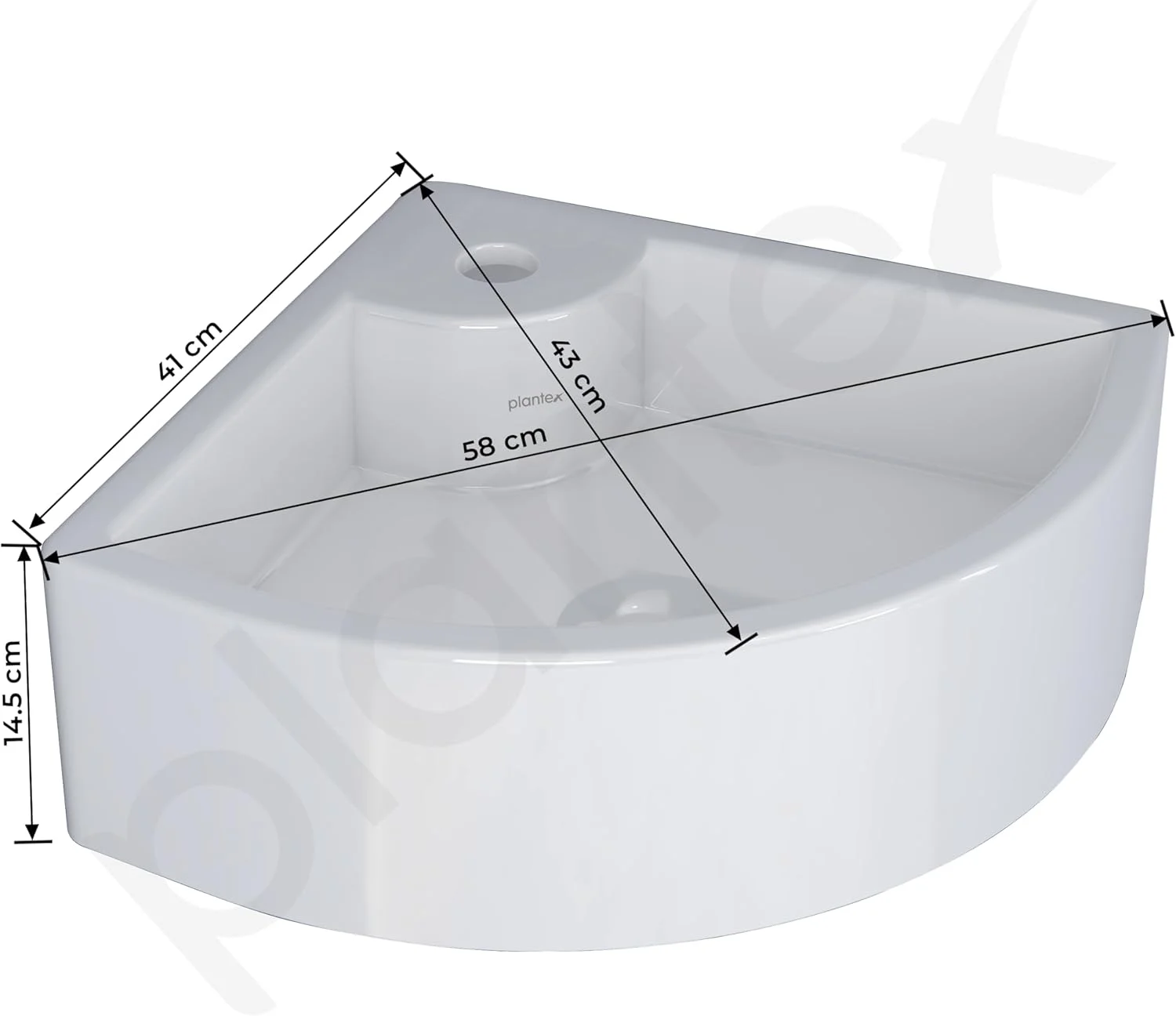 روشویی سرامیکی گوشه ای Plantex، قابل نصب روی دیوار، مناسب حمام، روشویی کوچک گوشه ای (Cornia، 40x40x25 سانتی متر)