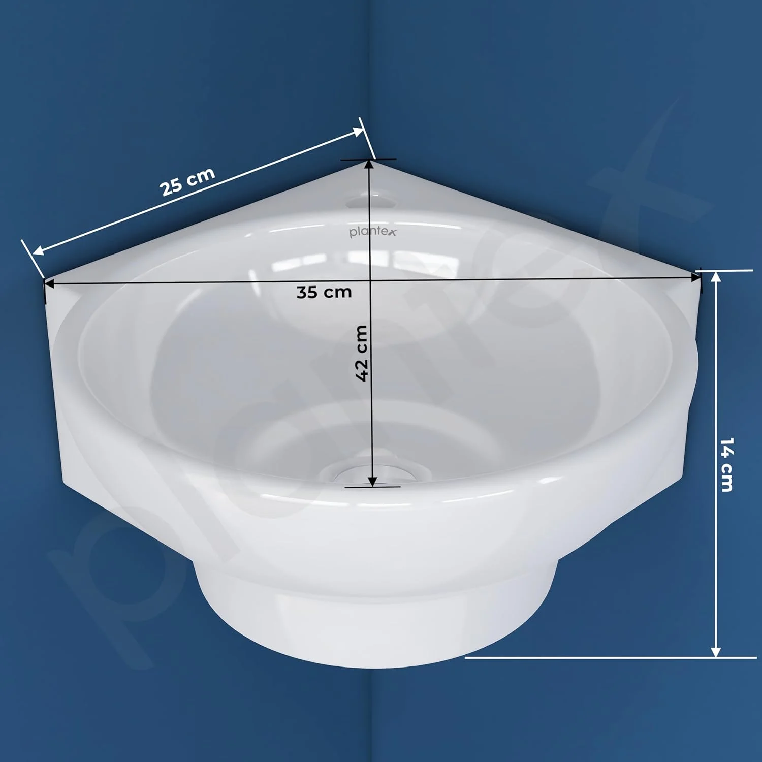 روشویی سرامیکی گوشه ای Plantex، مناسب حمام، قابل نصب روی دیوار، روشویی کوچک و براق (مدل Lily - ابعاد 35.5 x 41.9 x 13.9 سانتی متر)