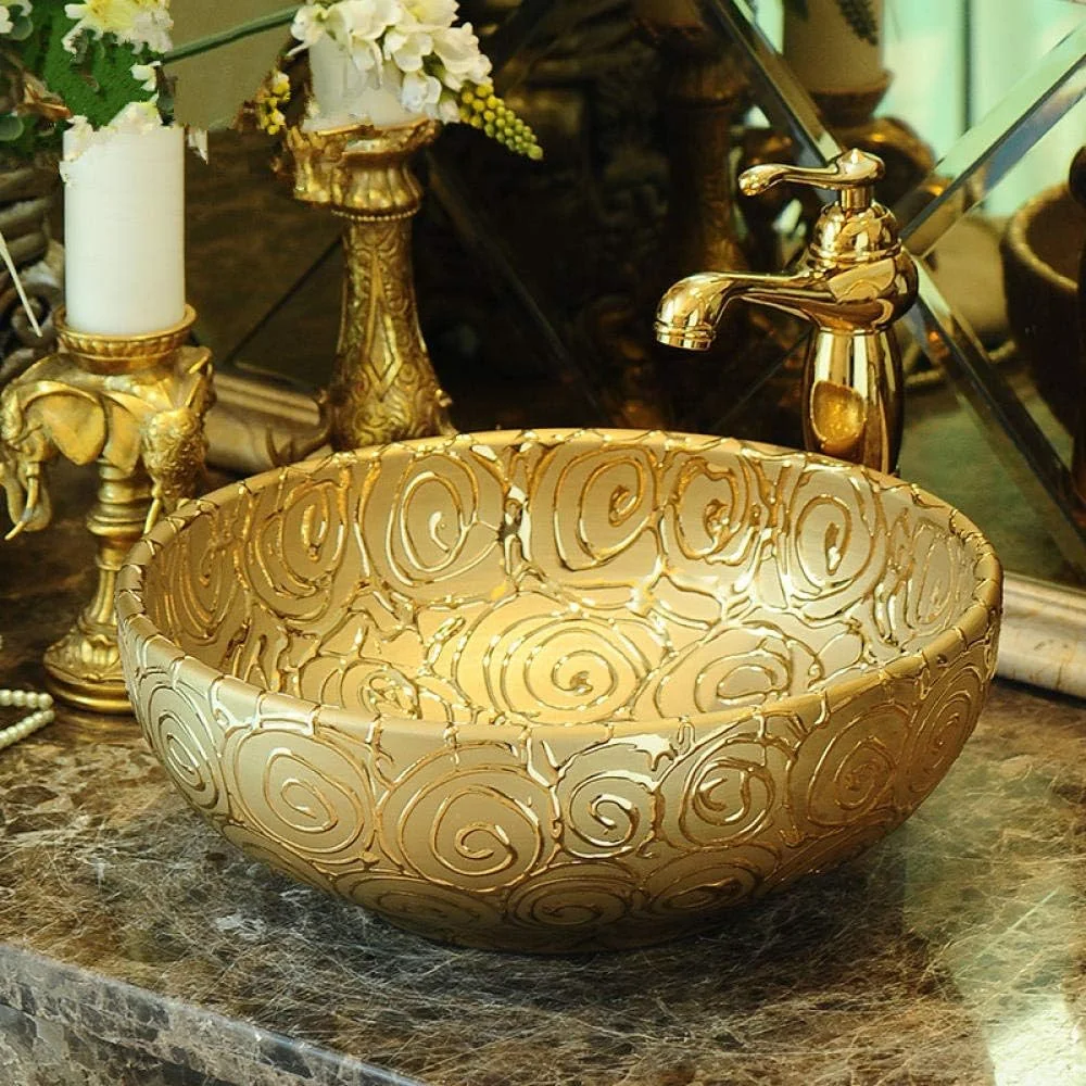 روشویی سرامیکی روکار 35 سانتی متری، روشویی سرامیکی هنری، سینک دستشویی حمام با طرح گل رز