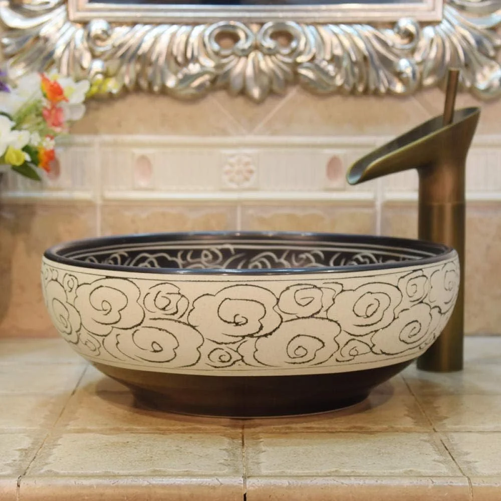 روشویی سرامیکی ریتون، کاسه روشویی گرد، سینک روشویی هنری روکار، چینی سرامیکی، سینک روشویی حمام