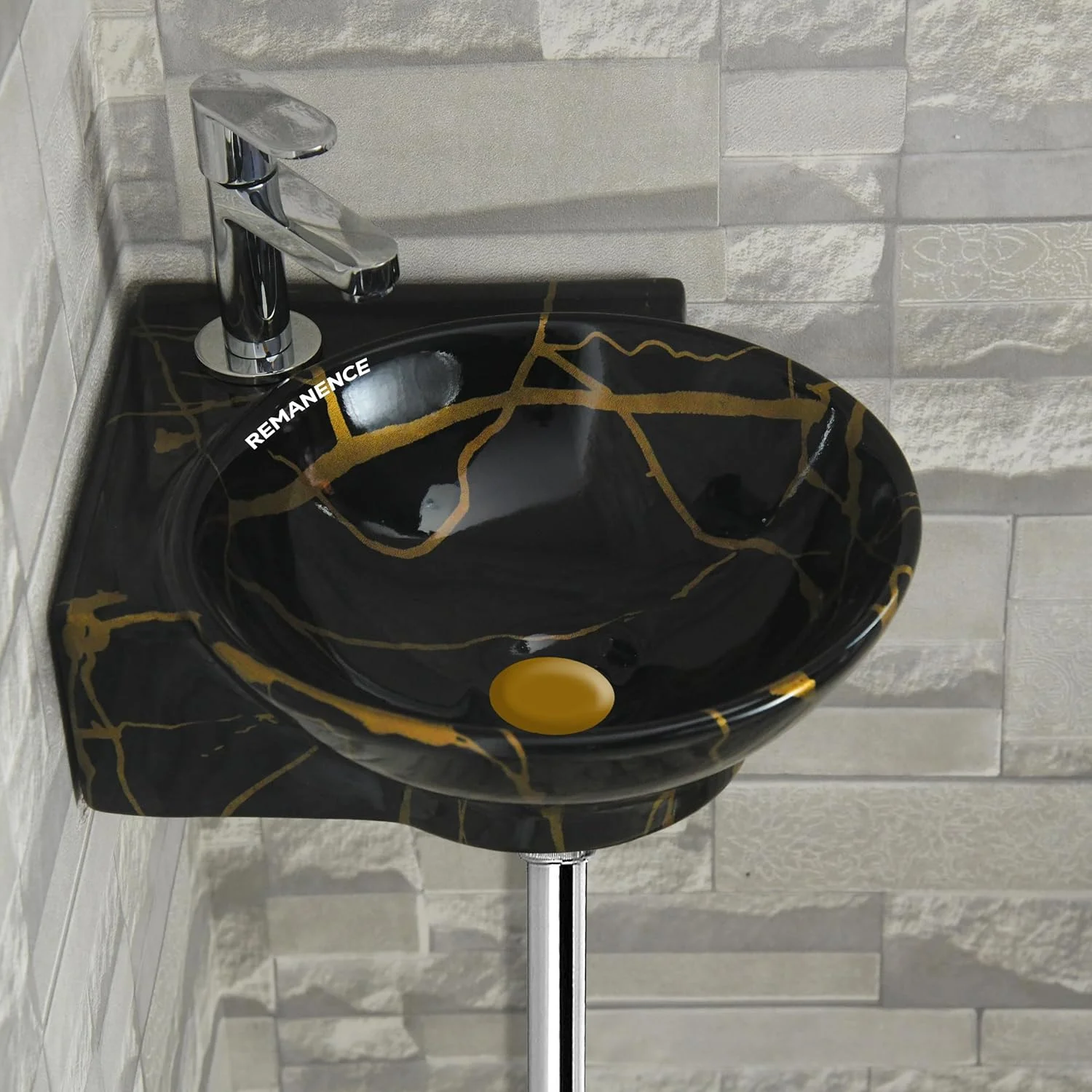 روشویی دیواری رماننس مناسب حمام | روشویی سرامیکی دیواری، کوچک، مناسب گوشه (41.4x35x11 سانتی متر) (مشکی طلایی ژله ای)