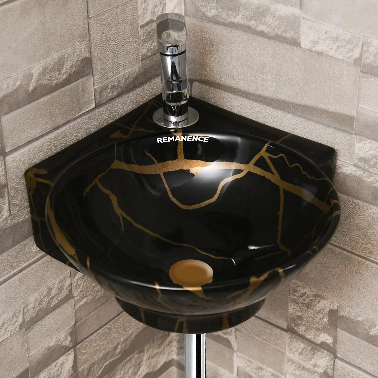 روشویی دیواری رماننس مناسب حمام | روشویی سرامیکی دیواری، کوچک، مناسب گوشه (41.4x35x11 سانتی متر) (مشکی طلایی ژله ای)