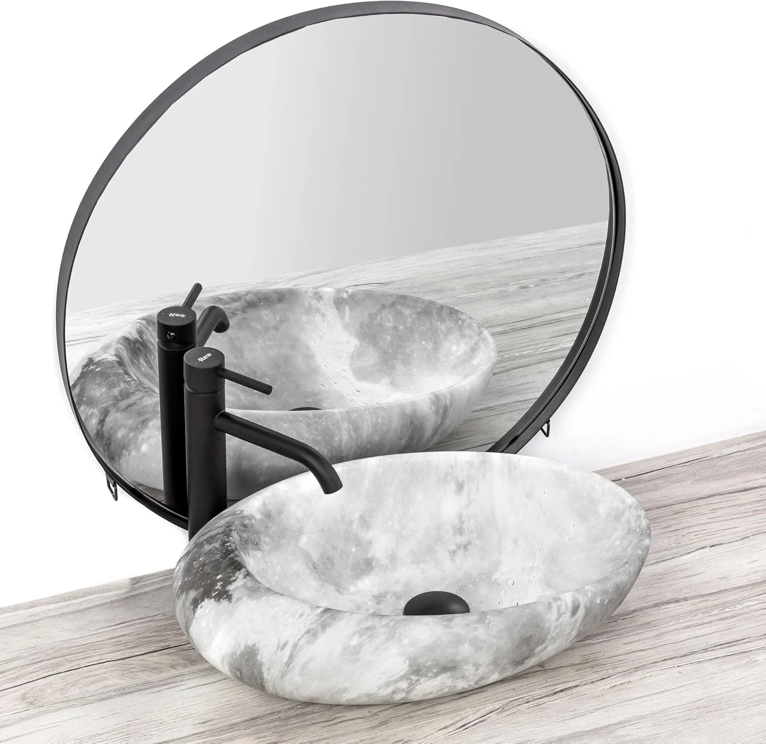 روشویی روکار Rea، روشویی سرامیکی، کاسه روشویی دستی، کاسه ای شکل بیضی سنگی، 49x31 سانتی متر، خاکستری، مناسب حمام