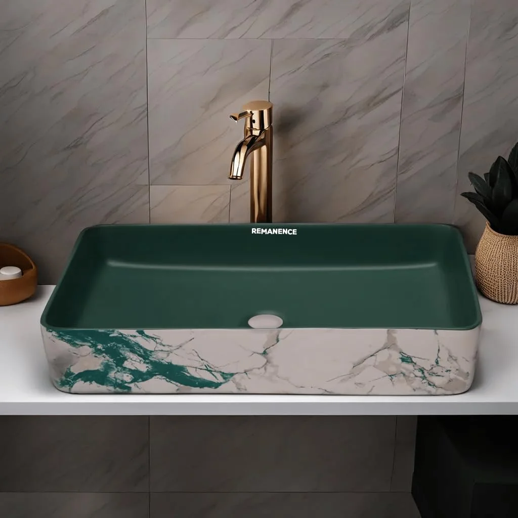 روشویی رومیزی طرح REMANENCE برای حمام | سینک سرامیکی حمام | روشویی روکار (60 x 35 x 10 سانتی متر) (طرح سبز و سفید SL 57)