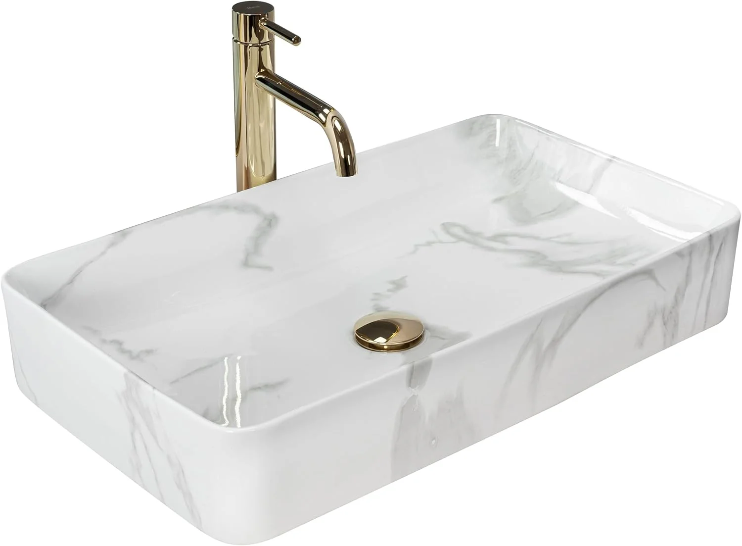 روشویی روکار مدل DENIS SHINNY MARMO مناسب سرویس بهداشتی، ساخته شده از سرامیک، ابعاد 615x350x110 میلی متر (سفید، طرح سنگ مرمر)