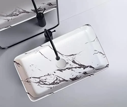 روشویی رومیزی REMOTION | سینک سرامیکی روکار | روشویی رو کابینتی | روشویی برای حمام (طرح سفید و مشکی، 60x35x10)