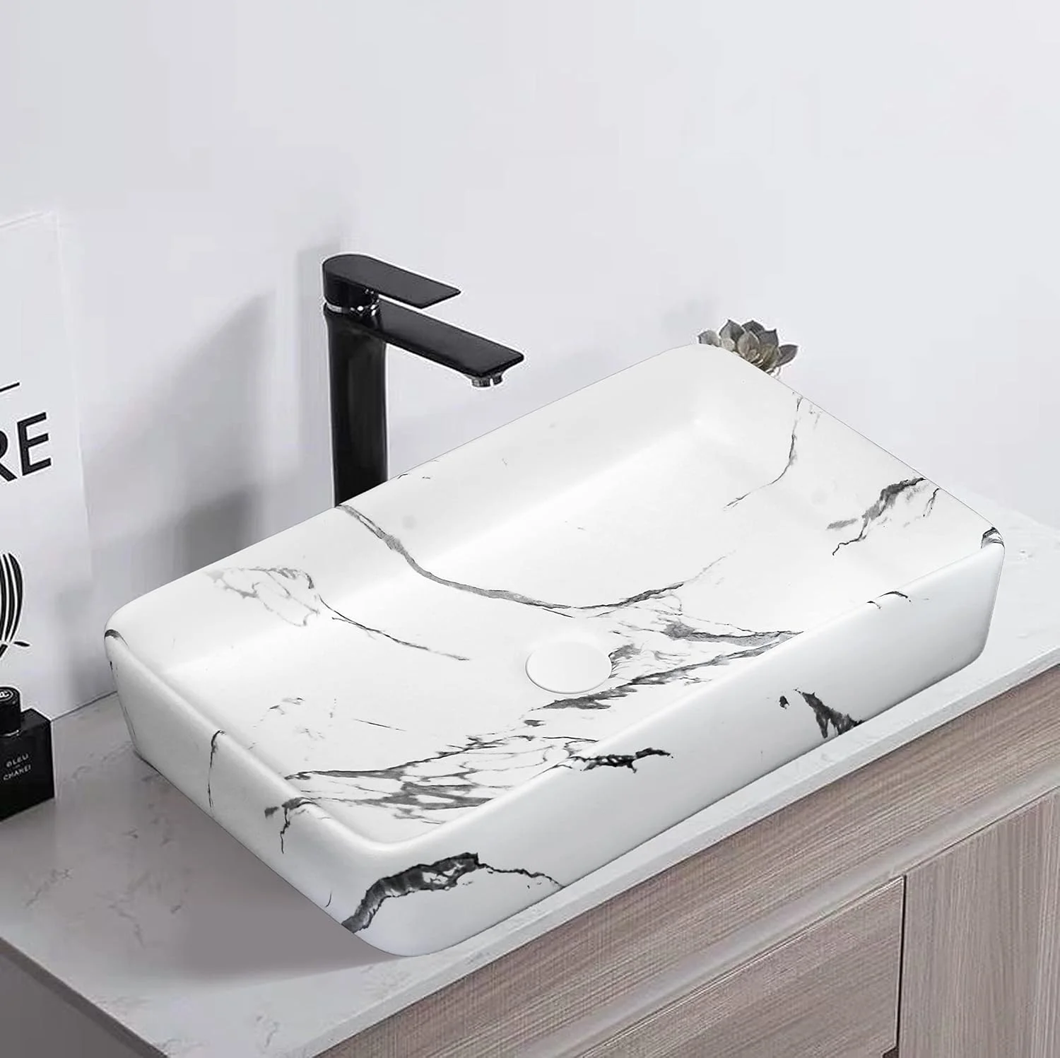 روشویی رومیزی REMOTION | سینک سرامیکی روکار | روشویی رو کابینتی | روشویی برای حمام (طرح سفید و مشکی، 60x35x10)
