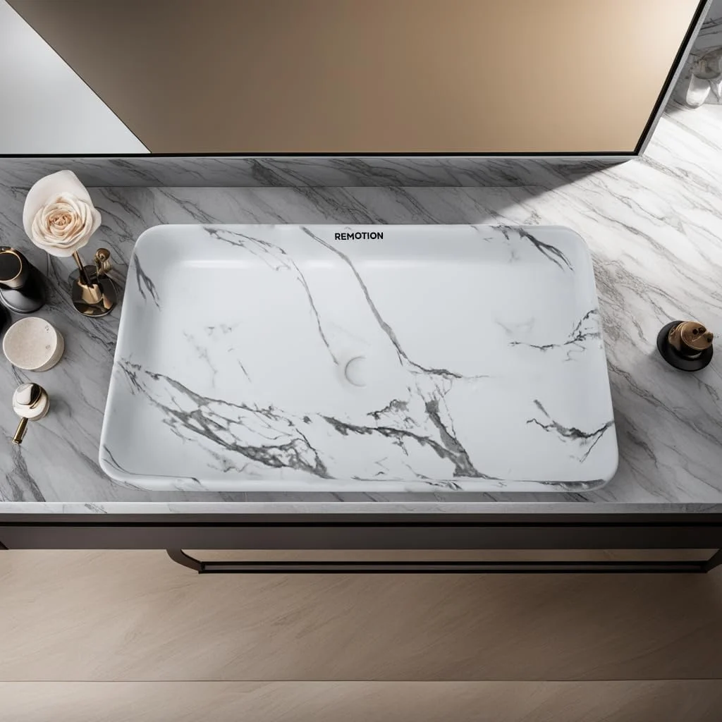 روشویی رومیزی REMOTION | سینک سرامیکی روکار | روشویی رو کابینتی | روشویی برای حمام (طرح سفید و مشکی، 60x35x10)