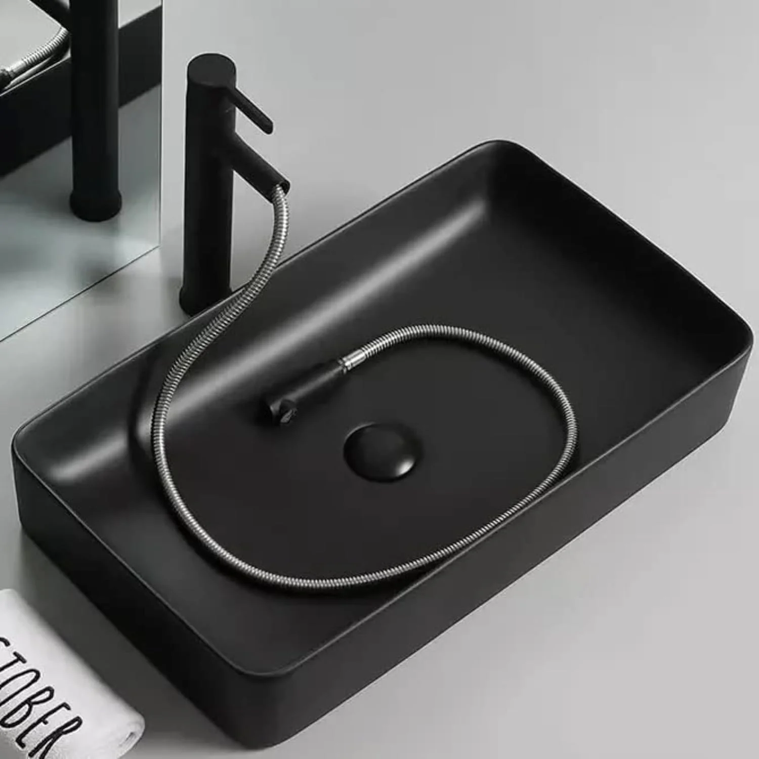 روشویی رومیزی REMOTION | سینک سرامیکی روکار | روشویی برای حمام (طرح مرمر مشکی مات، 60x35x10)