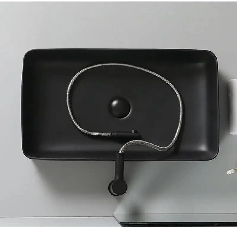 روشویی رومیزی REMOTION | سینک سرامیکی روکار | روشویی برای حمام (طرح مرمر مشکی مات، 60x35x10)